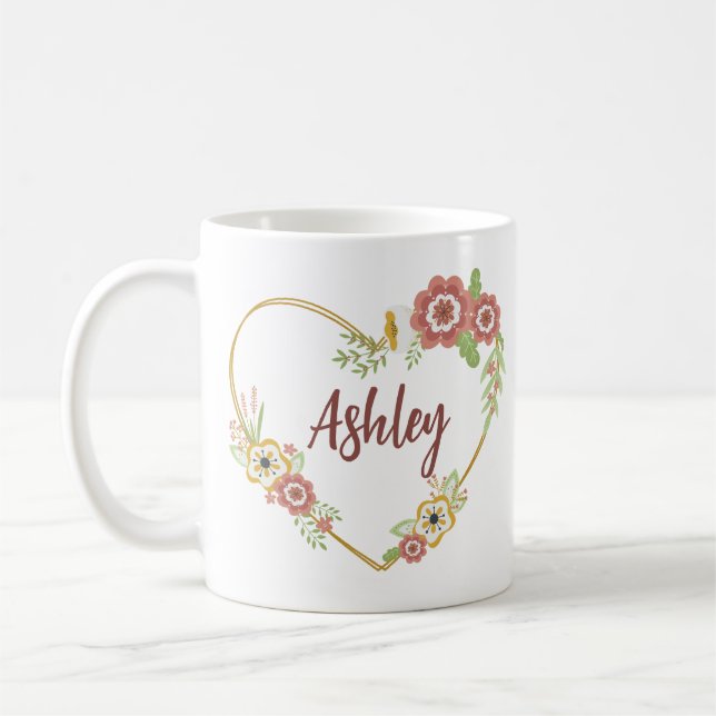 Mug Nom personnalisé Mug, Coeur floral Personnalisé (Gauche)