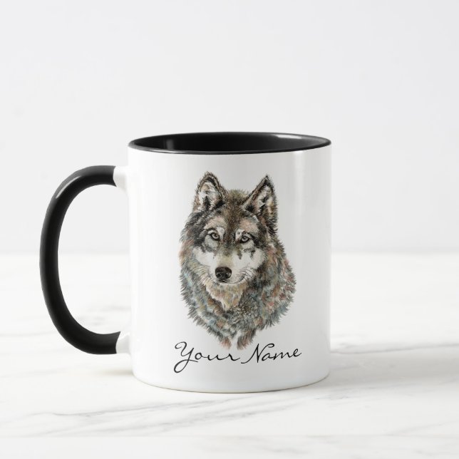 Mug Nom personnalisé ou texte Loup aquarelle animal (Gauche)