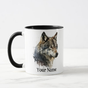 Mug Nom personnalisé ou texte Loup aquarelle animal