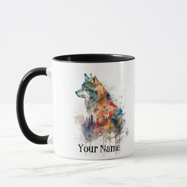 Mug Nom personnalisé ou texte Loup aquarelle animal (Gauche)
