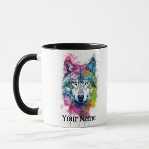 Mug Nom personnalisé ou texte Loup aquarelle animal