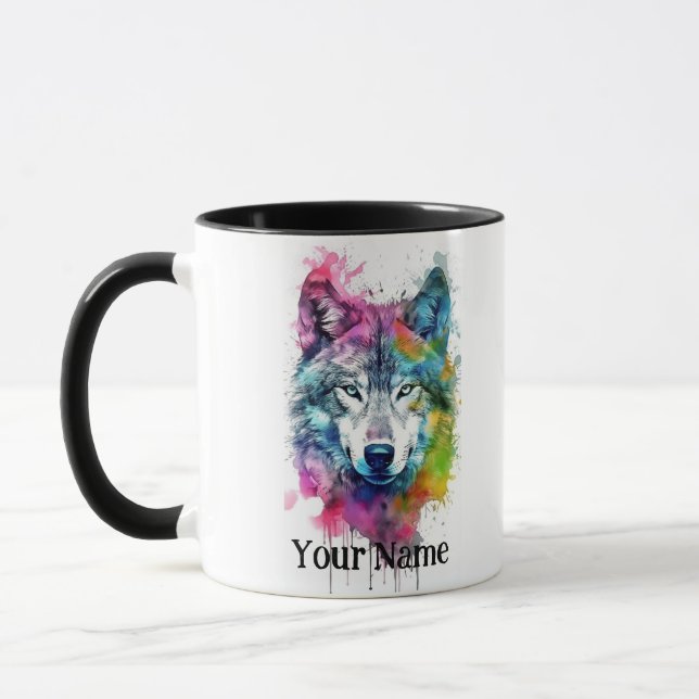 Mug Nom personnalisé ou texte Loup aquarelle animal (Gauche)