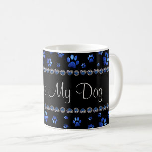 Mug Nom personnalisé, pattes de chien en paillettes bl