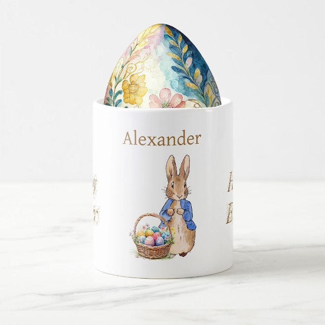 Mug Nom personnalisé Pierre le lapin Joyeux Pâques (Customise this design and add a name.  Pop an easter egg for a uniquely personal gift.)