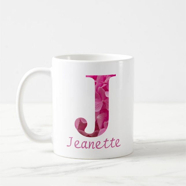 Mug Nom personnalisé Pink Floral Alphabet Lettre "J" M (Gauche)
