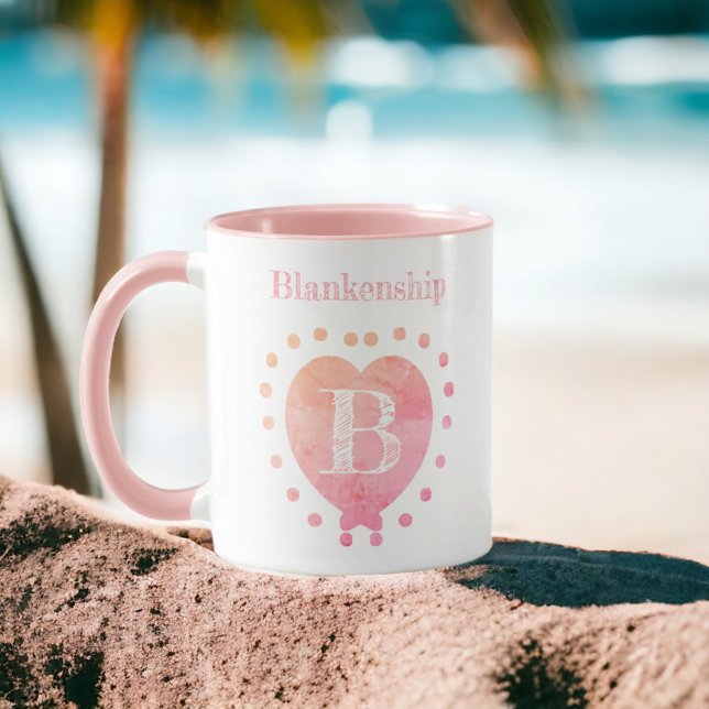 Mug Nom personnalisé Pointe initiale Pointe Coeur rose (Ready for your personalization or remove of the template text.)