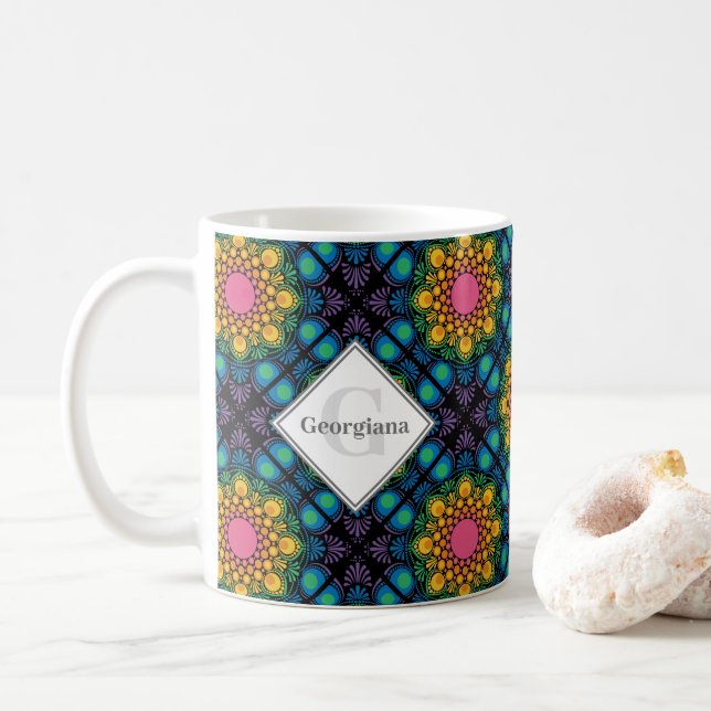 Mug Nom personnalisé Rainbow Floral Fontaine Carreaux  (Avec donut)
