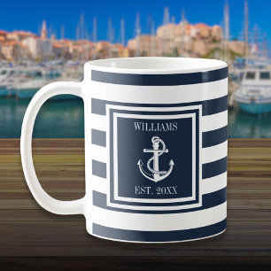 Mug Nom personnalisé Rayure Bleu Marine Ancre Nautique