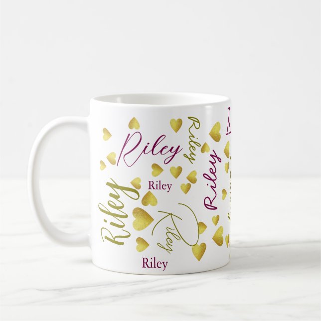 Mug Nom personnalisé répété avec coeur d'or (Gauche)