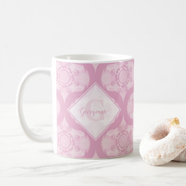 Mug Nom Personnalisé Retro 1970 Preppy In Pink Mandala (Avec donut)
