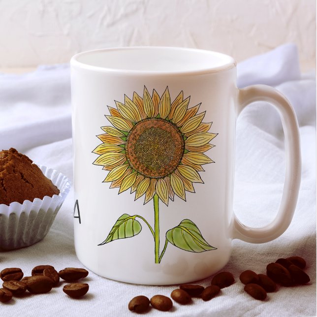 Mug Nom personnalisé rustique Aquarelle Tournesol (Créateur téléchargé)