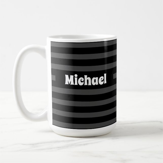 Mug Nom personnalisé simple rayé gris foncé et noir (Gauche)