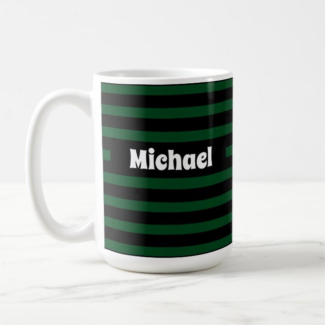 Mug Nom personnalisé simple rayé noir et vert foncé (Gauche)