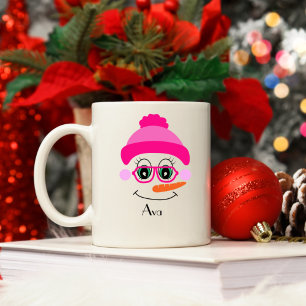 Mug Nom personnalisé Snowman Snowgirl Casquette rose