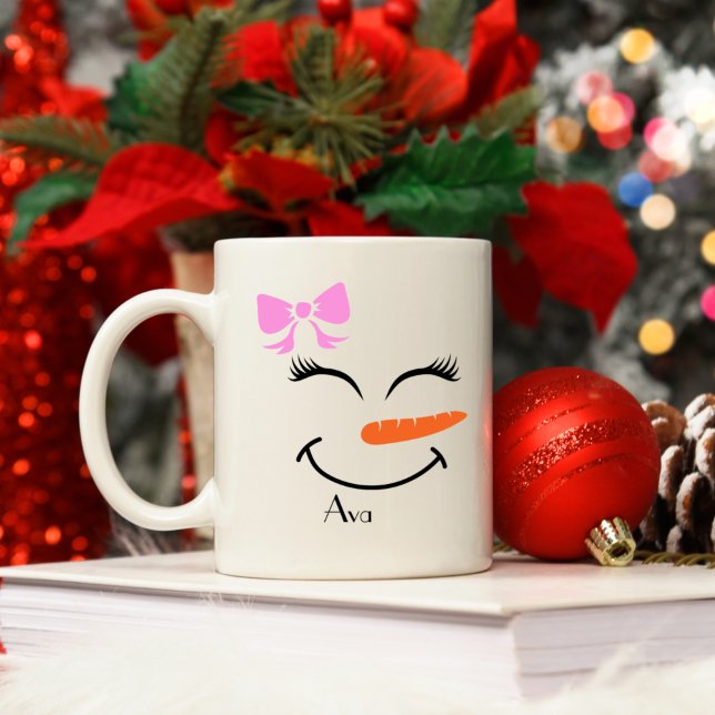 Mug Nom personnalisé Snowman Snowgirl Pink Bow (Créateur téléchargé)