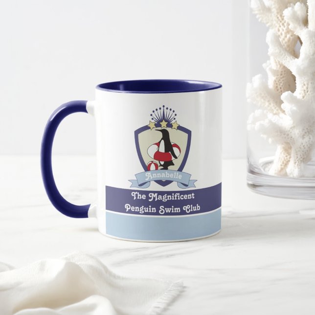 Mug Nom personnalisé Swim Club Crest Cute Penguin (Créateur téléchargé)