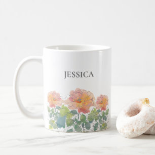 Mug Nom prénom aquarelle florale feuilles vertes corai