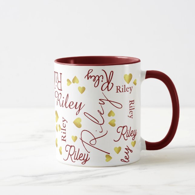 Mug Nom répété avec le marron Gold Hearts (Droite)