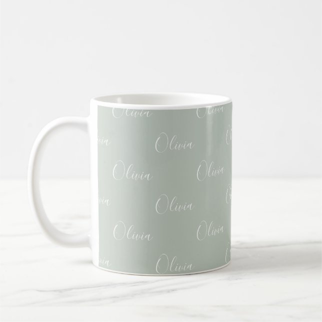 Mug Nom Sage personnalisé Vert blanc Script (Gauche)