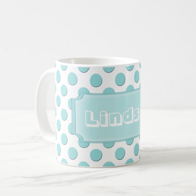 Mug Nom turquoise personnalisé de pois (Devant gauche)