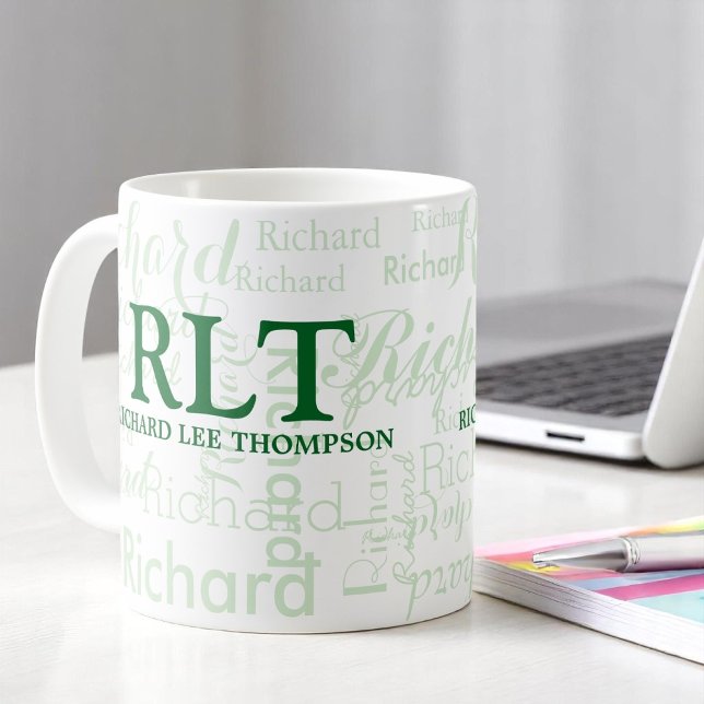 Mug Nom vert moderne personnalisé Monogramme (Créateur téléchargé)