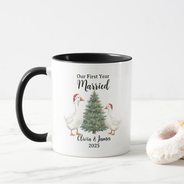 Mug Notre première année de mariage Oie Noël personnal (Avec donut)