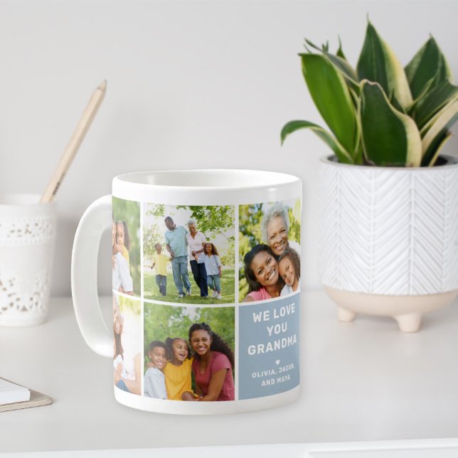 Mug Nous aimons grand-mère Collage photo moderne bleu (Créateur téléchargé)