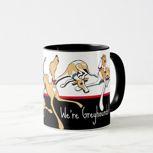 Mug Nous sommes Greyhounds ! Thème noir, blanc et roug (Devant droit)