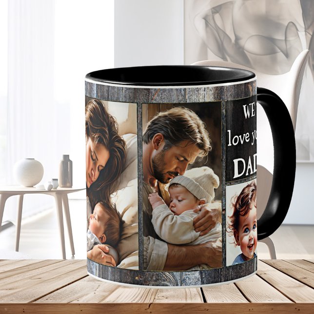 Mug Nous t'aimons Heureux Papa Photo (Father's Day photo mug featuring 4 of your custom photos on a rustic wood design - his birthday)