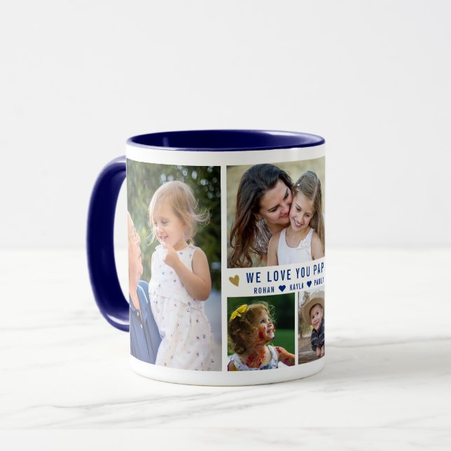 Mug Nous t'aimons Papa 5 Photo Collage Nom Navy Blue (Devant gauche)