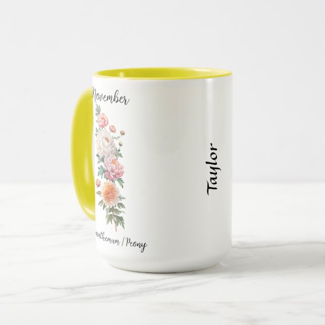 Mug Novembre Fleur de naissance Chrysanthème et pivoin (Devant gauche)