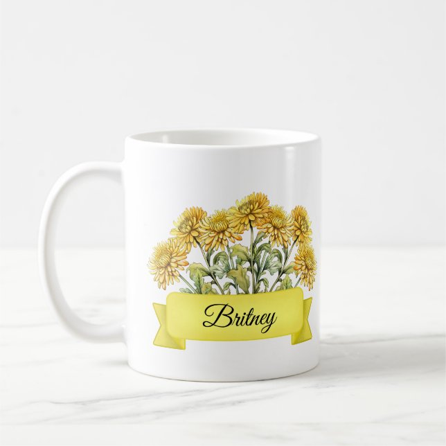 Mug Novembre Fleur de naissance personnalisé Chrysanth (Gauche)