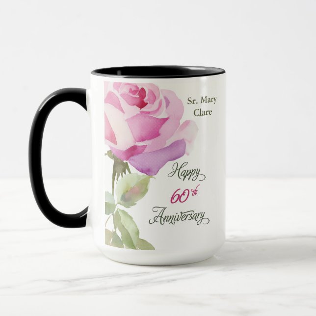 Mug Nun 60th Anniversary Jubilee Custom Name Pink Rose (Gauche)