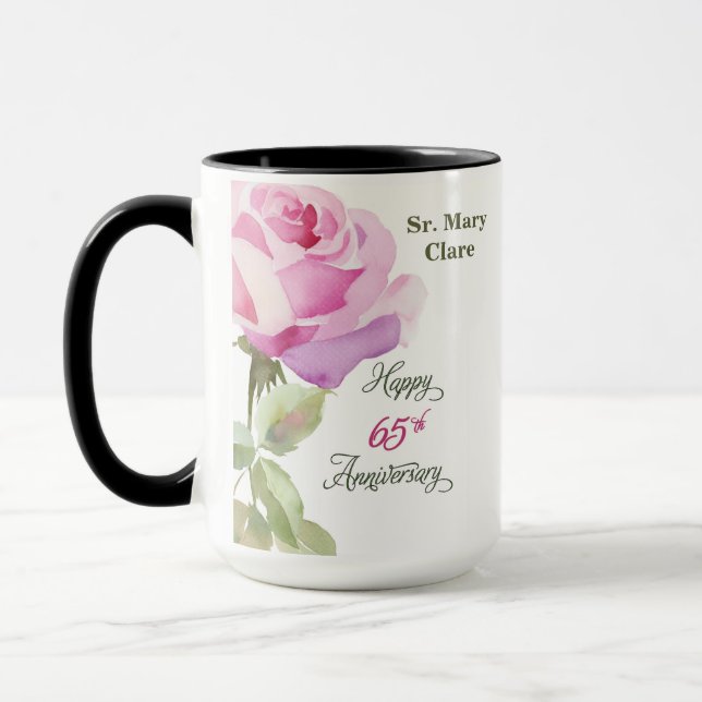 Mug Nun 65th Anniversary Custom Name Pink Rose (Gauche)