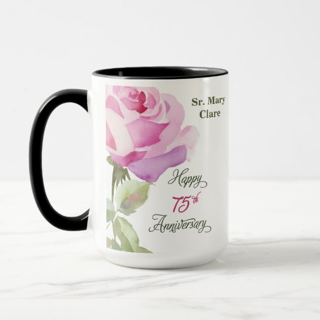 Mug Nun Custom Name 75th Anniversary Pink Rose (Gauche)