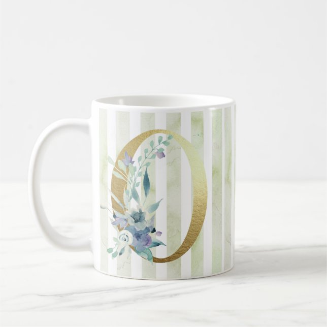 Mug O, rayures dorées initiales bleu et blanc (Gauche)
