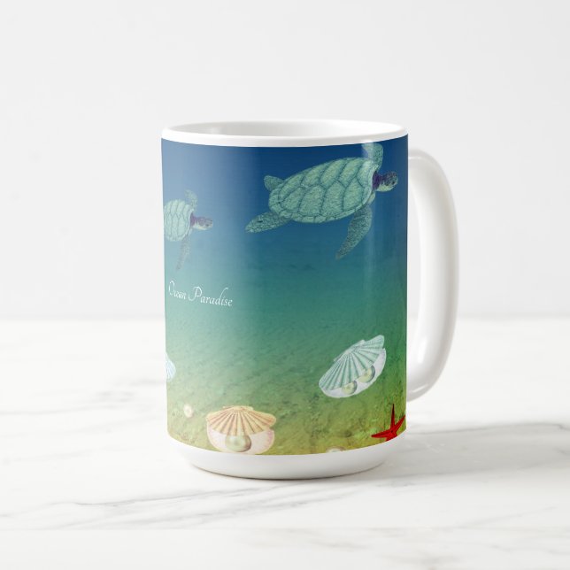 Mug Océan, tortues marines, coquillages, perles & call (Devant droit)