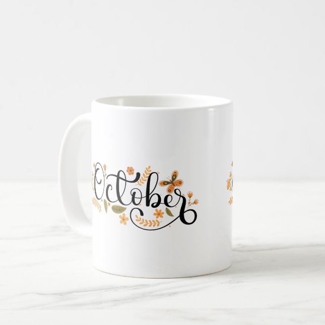 Mug Octobre Whimsy - Papillon d'automne & Script flora (Devant gauche)
