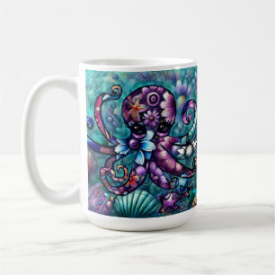 Mug Octopus lunaire Floral Turquoise Purple Bleu Côte