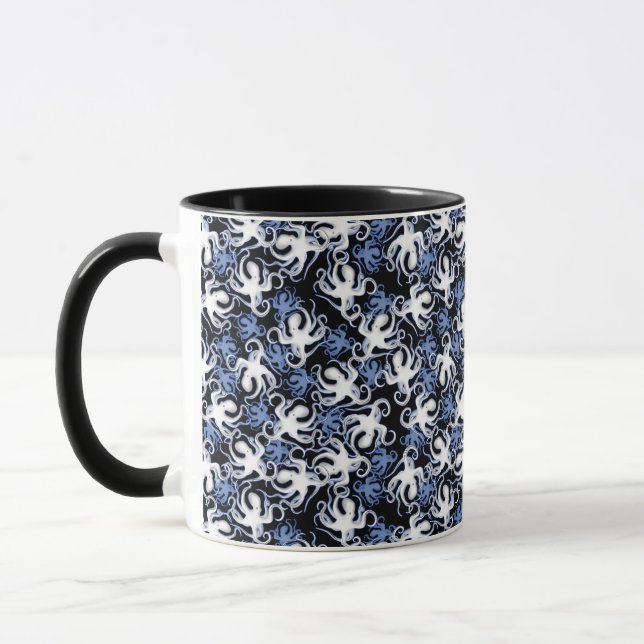 Mug Octopus noir, blanc et bleu Motif sans couture (Gauche)