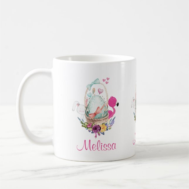 Mug Oeuf mou dans un panier avec Flamant rose et lapin (Gauche)