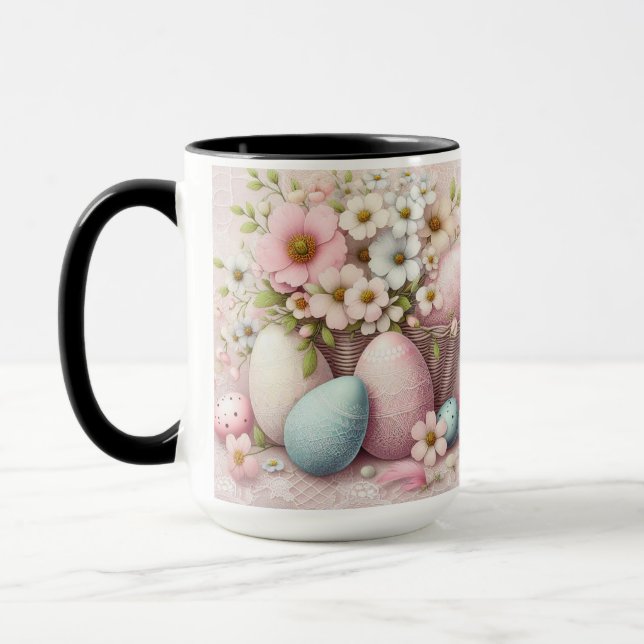 Mug Oeufs de Pâques floraux roses en dentelle monogram (Gauche)