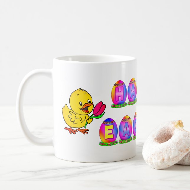 Mug Œufs de Pâques heureux avec poussin jaune & tulipe (Avec donut)