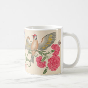 Mug Oiseau à tête rouge, oeillets et papillons