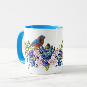 Mug Oiseau bleu de bonheur Fleur personnalisée 