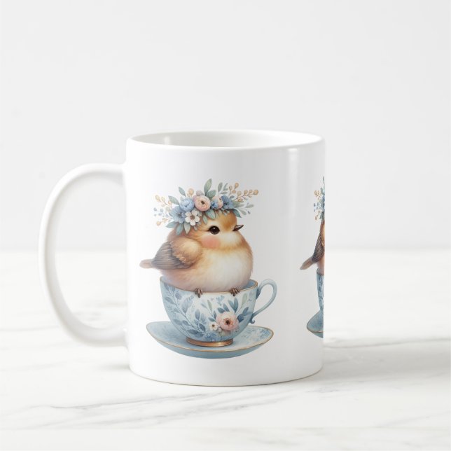 Mug Oiseau bleu mignon avec couronne florale en Teacup (Gauche)