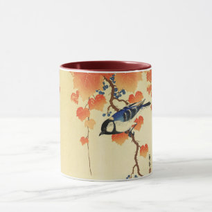 Mug Oiseau bleu Tit, Branche de Paulownia, Feuilles ro