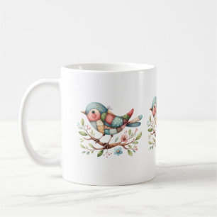 Mug Oiseau chanteur patchwork sur branche fleurie