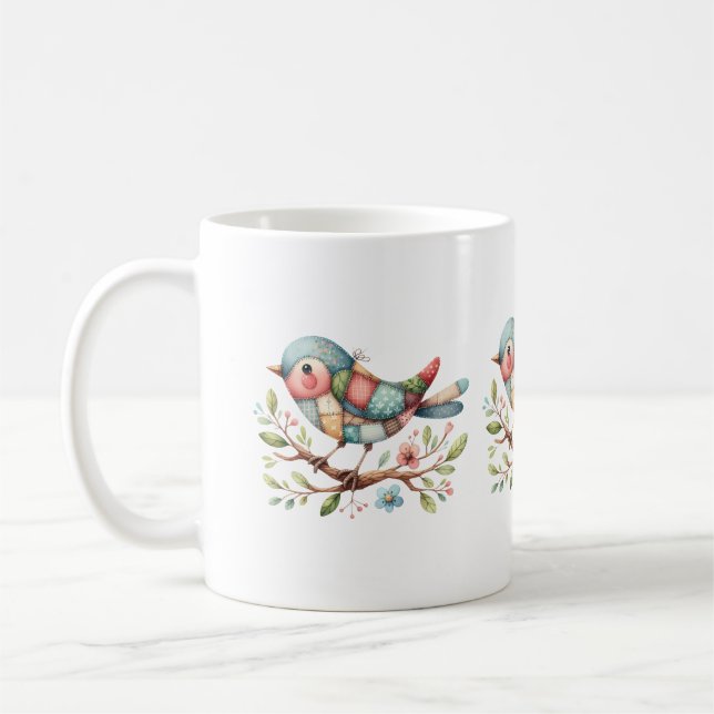 Mug Oiseau chanteur patchwork sur branche fleurie (Gauche)