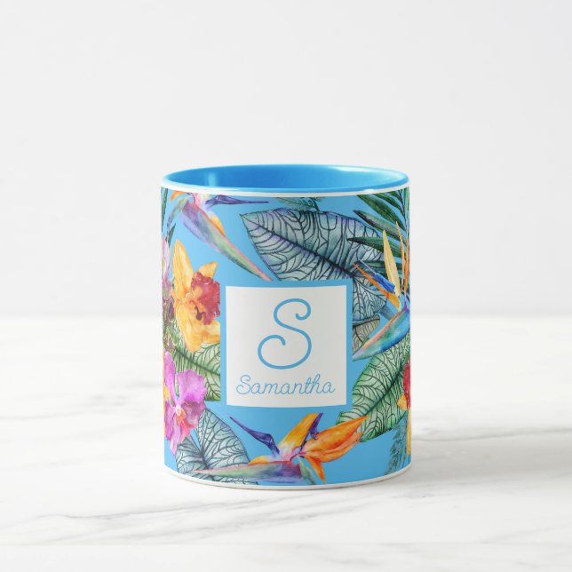 Mug Oiseau de Paradis Et Orchidée Été Bleu (Centre)